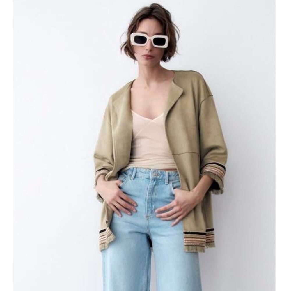 ZARA Suede Fringe Open Front Jacket Size XS